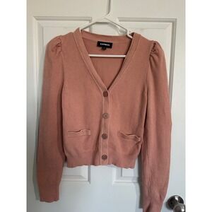 Express Puff Sleeve Cropped Cardigan Sweater Rose Pink Button Front Pockets XS